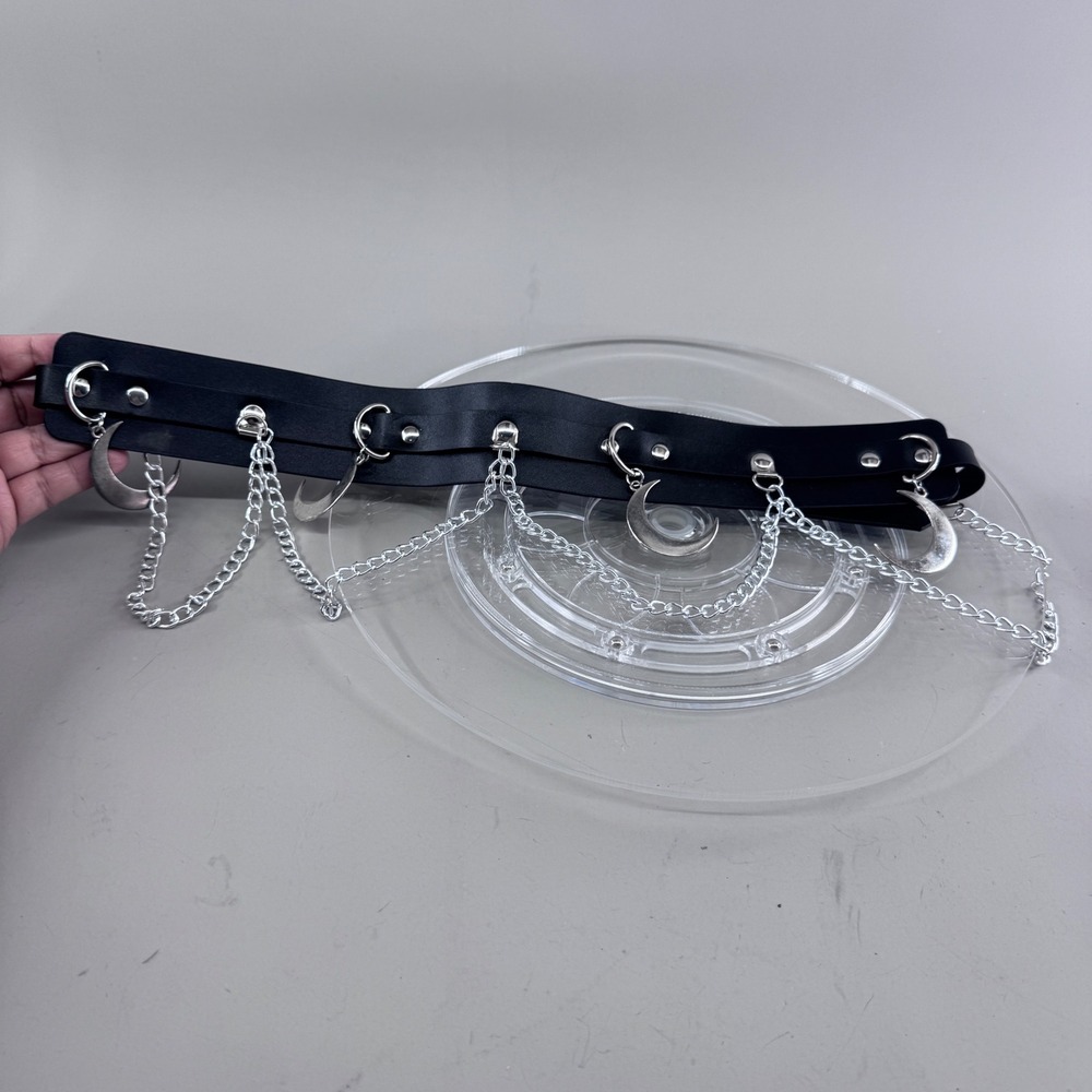 Womens Faux Leather Celestial Moon Chain Waist Belt Gothic Silver Tone Black OS